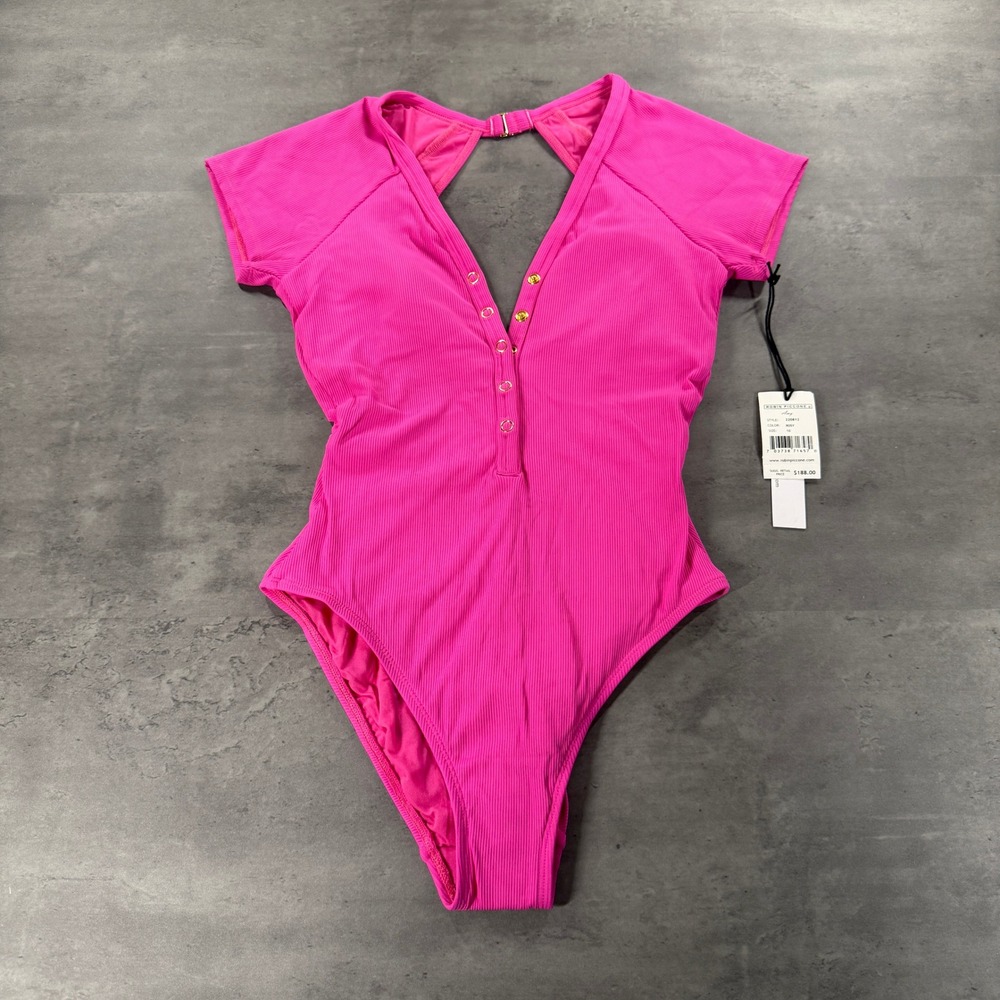 Robin Piccone One Piece Swim 10 Amy Raglan Pink Henley Ribbed ShortSleeve $188